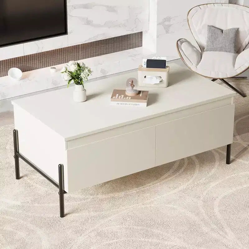 White Coffee Table with Drawers, Rectangle Coffee Table with Back Open Shelf