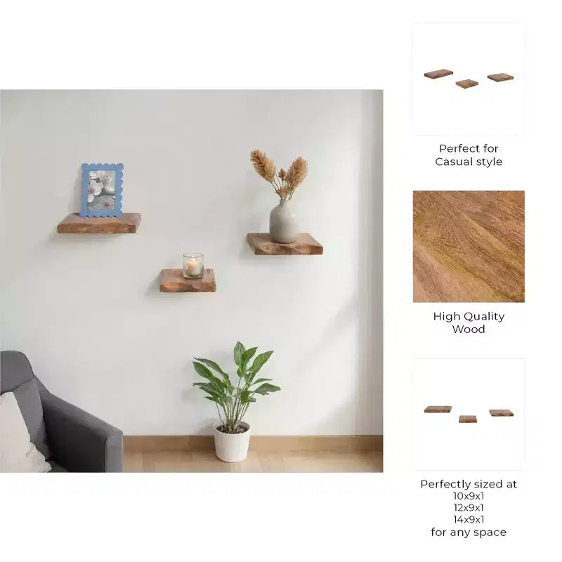 Mensole Flottanti - Mensole a Muro in Legno Massello di Mango, Set da 3, per Camera da Letto, Soggiorno, Ufficio