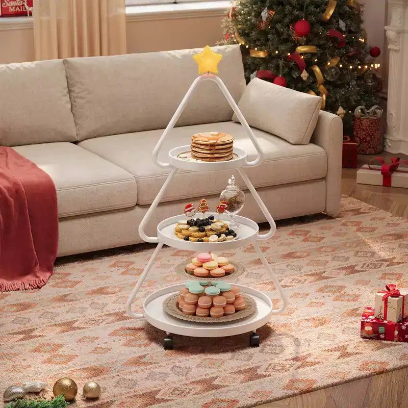 Carrello portaoggetti con ruote per albero di Natale - Scaffale in metallo a 3 ripiani per snack, cupcake e dessert