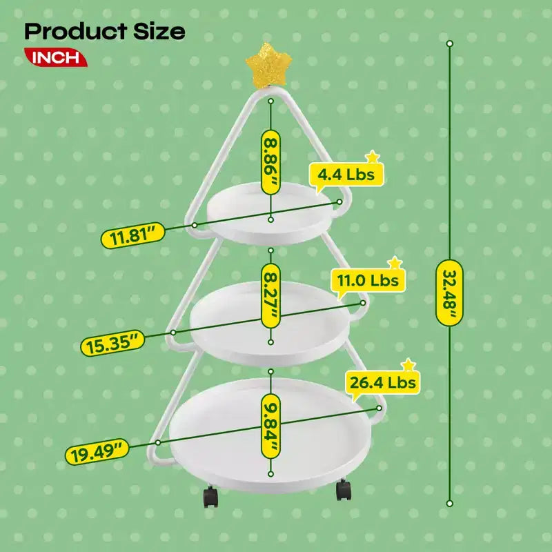 Carrello portaoggetti con ruote per albero di Natale - Scaffale in metallo a 3 ripiani per snack, cupcake e dessert