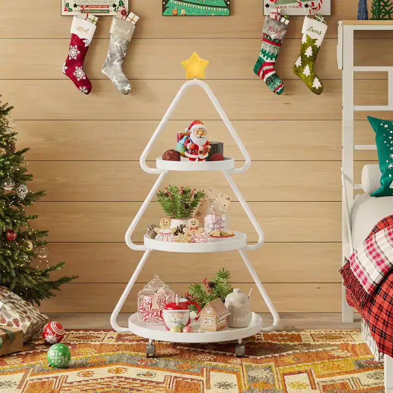 Carrello portaoggetti con ruote per albero di Natale - Scaffale in metallo a 3 ripiani per snack, cupcake e dessert