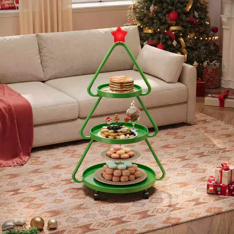 Carrello portaoggetti con ruote per albero di Natale - Scaffale in metallo a 3 ripiani per snack, cupcake e dessert