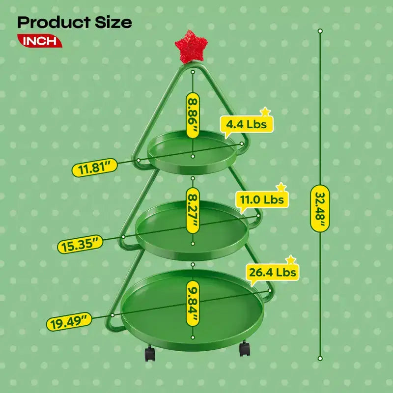 Carrello portaoggetti con ruote per albero di Natale - Scaffale in metallo a 3 ripiani per snack, cupcake e dessert