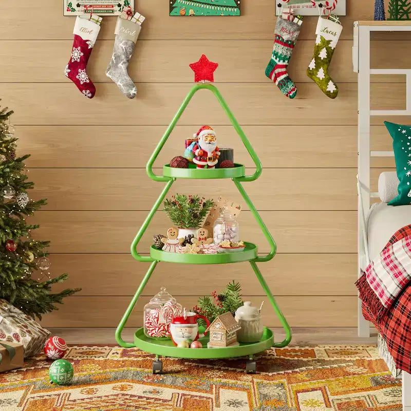 Carrello portaoggetti con ruote per albero di Natale - Scaffale in metallo a 3 ripiani per snack, cupcake e dessert