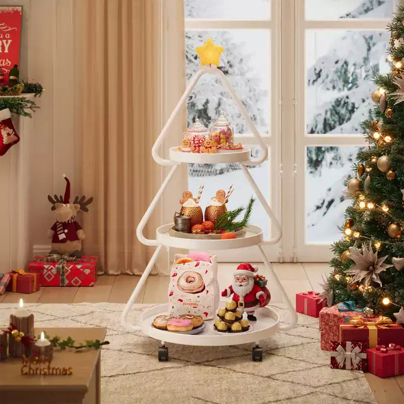 Carrello portaoggetti con ruote per albero di Natale - Scaffale in metallo a 3 ripiani per snack, cupcake e dessert