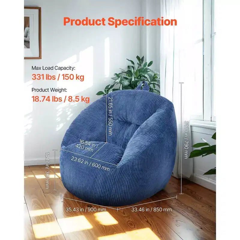 Poltrona a sacco in memory foam da 90 cm con braccioli, tasca portaoggetti e rivestimento in velluto