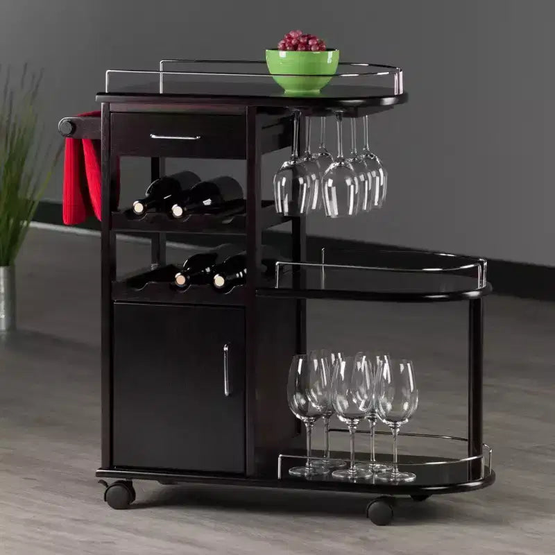 Carrello da Cucina su Ruote con 3 Ripiani, 1 Cassetto e Portabottiglie – Espresso Scuro