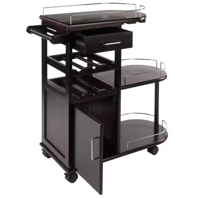 Carrello da Cucina su Ruote con 3 Ripiani, 1 Cassetto e Portabottiglie – Espresso Scuro