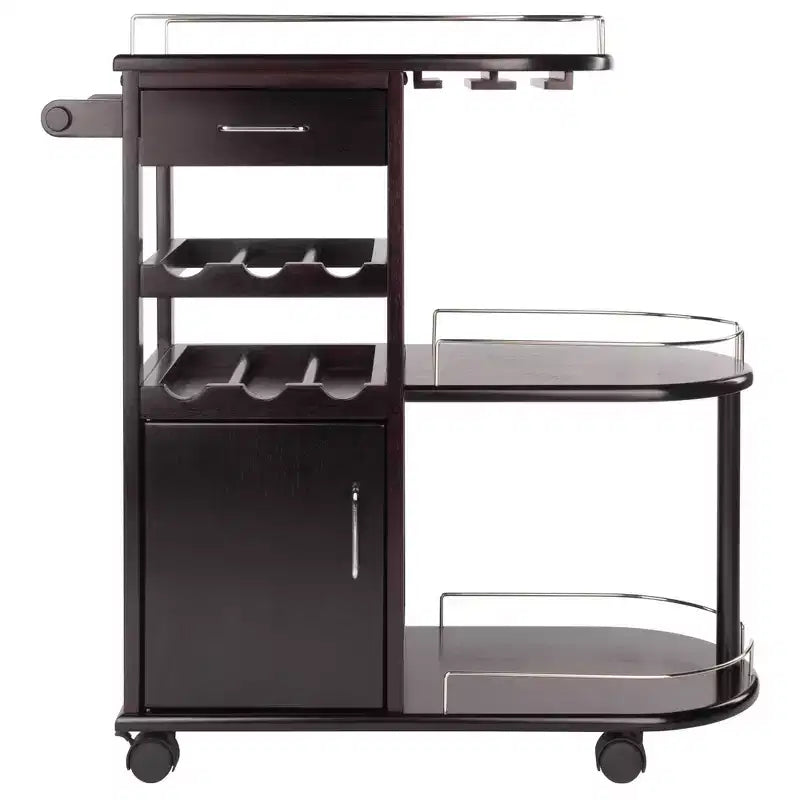 Carrello da Cucina su Ruote con 3 Ripiani, 1 Cassetto e Portabottiglie – Espresso Scuro