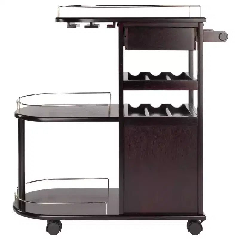 Carrello da Cucina su Ruote con 3 Ripiani, 1 Cassetto e Portabottiglie – Espresso Scuro