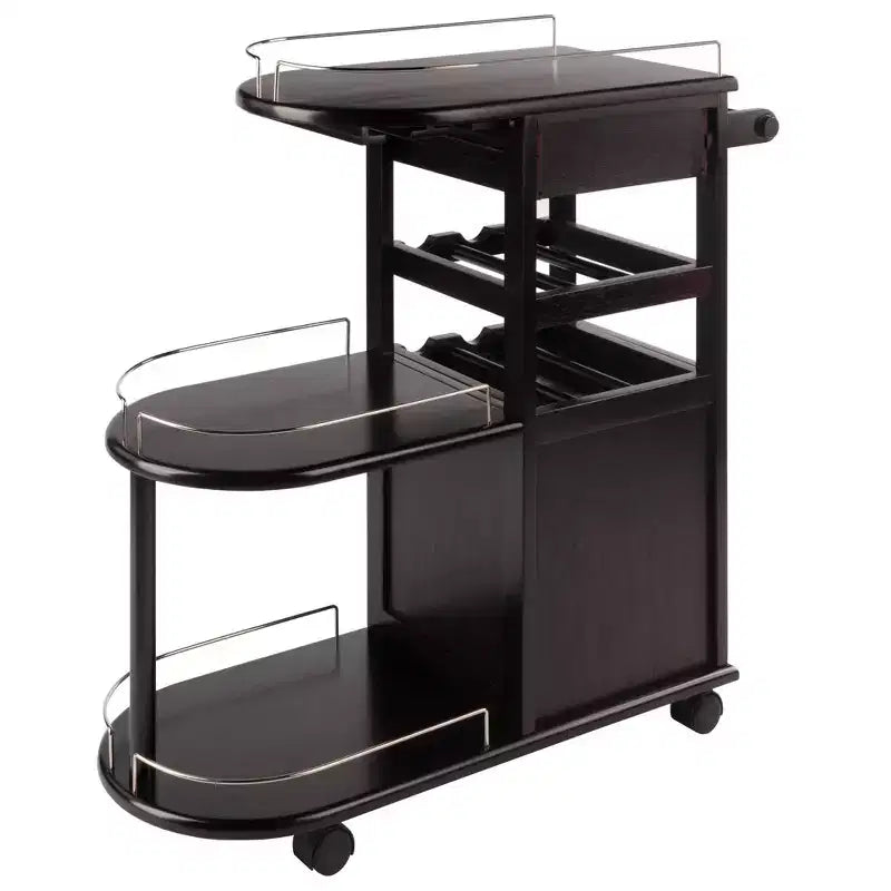Carrello da Cucina su Ruote con 3 Ripiani, 1 Cassetto e Portabottiglie – Espresso Scuro
