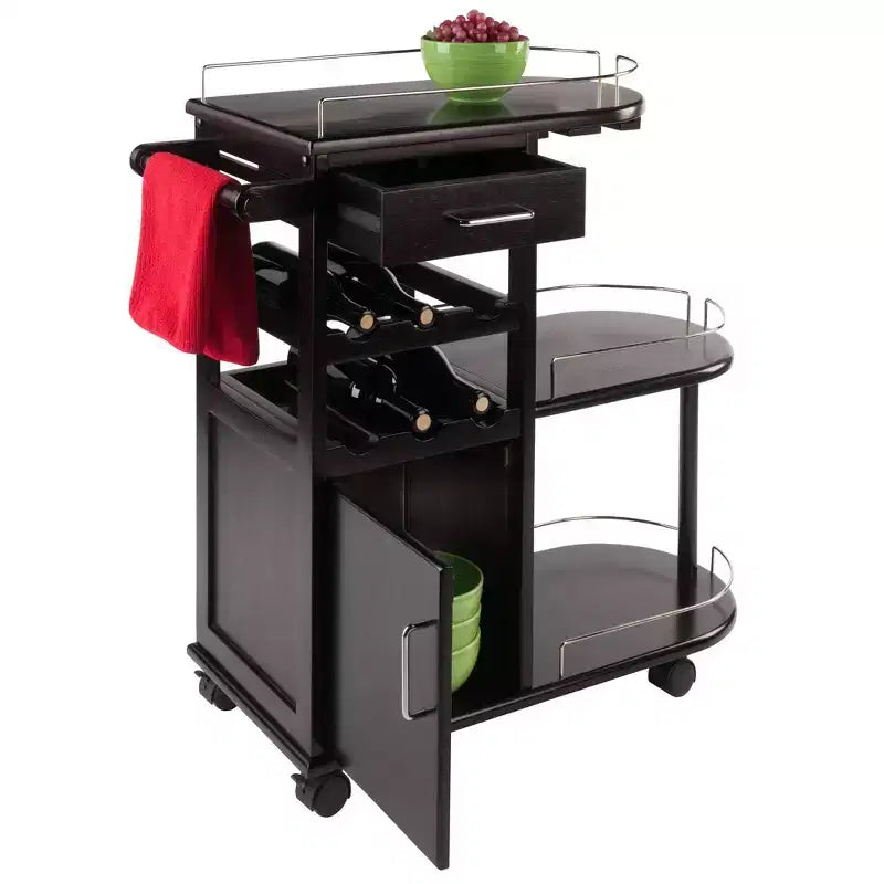 Carrello da Cucina su Ruote con 3 Ripiani, 1 Cassetto e Portabottiglie – Espresso Scuro