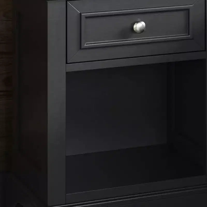Comodino Nero in Legno con Cassetto e Ripiano Aperto