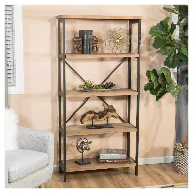 Libreria a scaletta industriale a 5 ripiani, struttura in metallo e ripiani in legno, altezza 174 cm, capacità 113 kg
