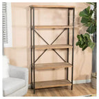 Libreria a scaletta industriale a 5 ripiani, struttura in metallo e ripiani in legno, altezza 174 cm, capacità 113 kg