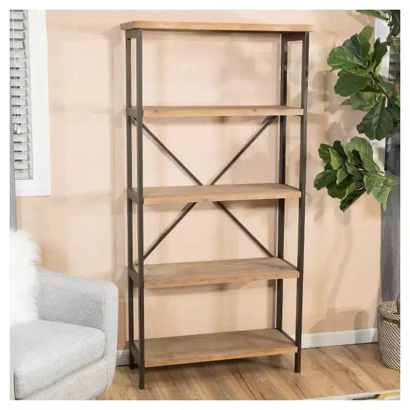 Libreria a scaletta industriale a 5 ripiani, struttura in metallo e ripiani in legno, altezza 174 cm, capacità 113 kg