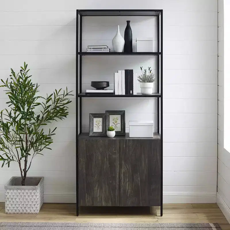 Libreria Industriale a 5 Ripiani con Ante a Armadietto da 204,5 cm – Struttura in Acciaio e Rivestimento in Legno