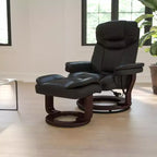 Poltrona reclinabile multiposizione e pouf curvo con base girevole in legno