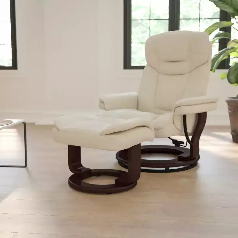 Poltrona reclinabile multiposizione e pouf curvo con base girevole in legno