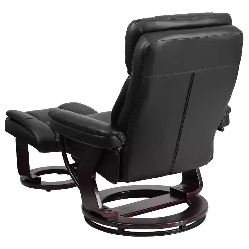 Poltrona reclinabile multiposizione e pouf curvo con base girevole in legno