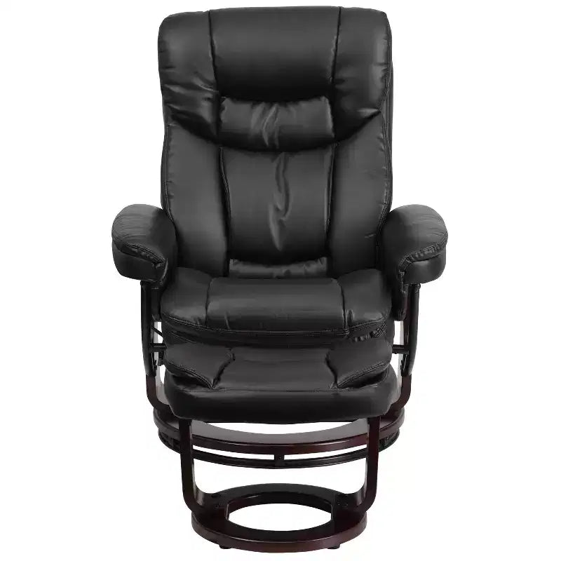 Poltrona reclinabile multiposizione e pouf curvo con base girevole in legno