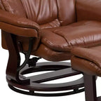 Poltrona reclinabile multiposizione e pouf curvo con base girevole in legno