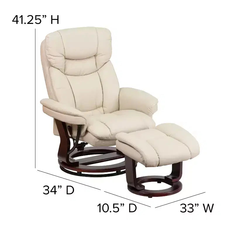 Poltrona reclinabile multiposizione e pouf curvo con base girevole in legno