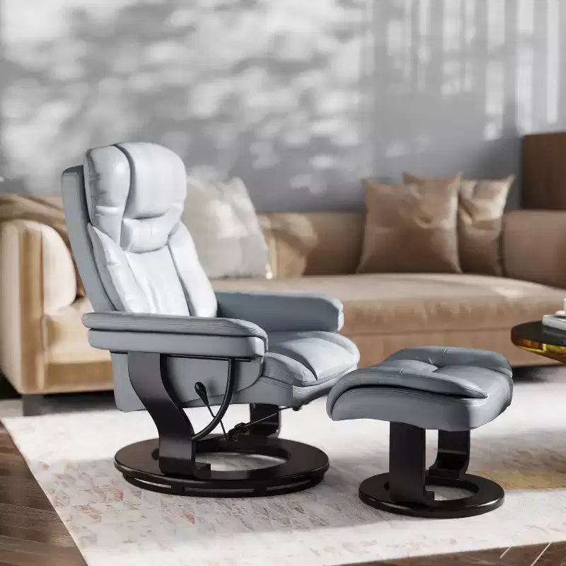 Poltrona reclinabile multiposizione e pouf curvo con base girevole in legno