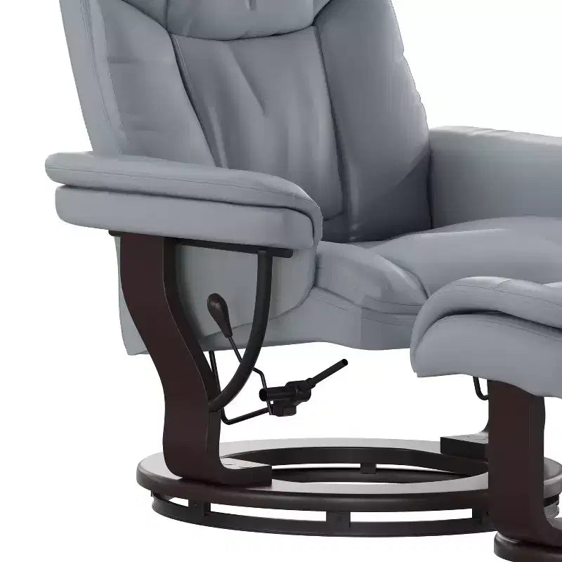 Poltrona reclinabile multiposizione e pouf curvo con base girevole in legno