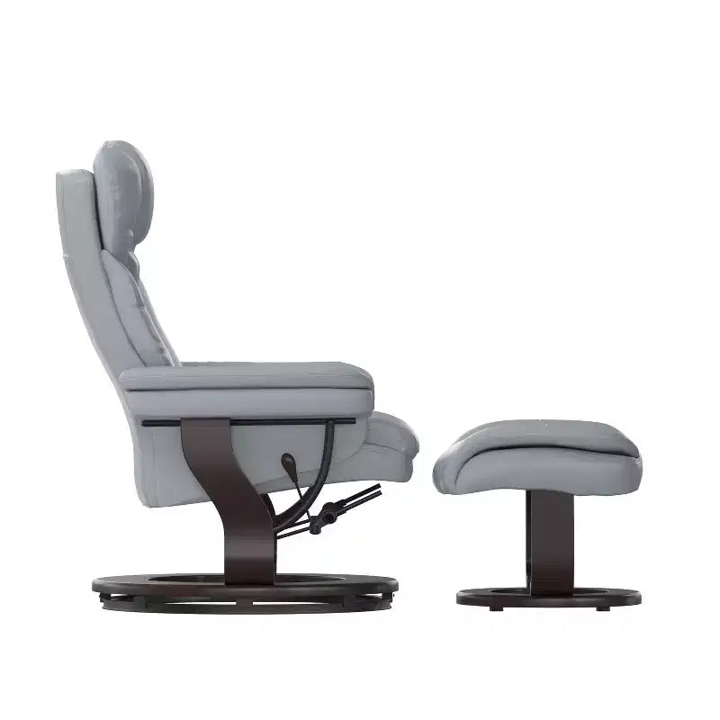 Poltrona reclinabile multiposizione e pouf curvo con base girevole in legno