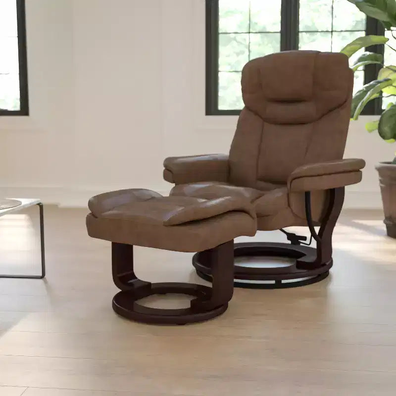 Poltrona reclinabile multiposizione e pouf curvo con base girevole in legno
