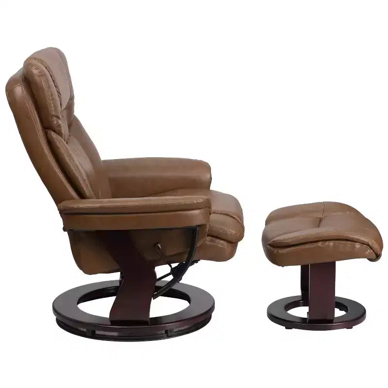 Poltrona reclinabile multiposizione e pouf curvo con base girevole in legno
