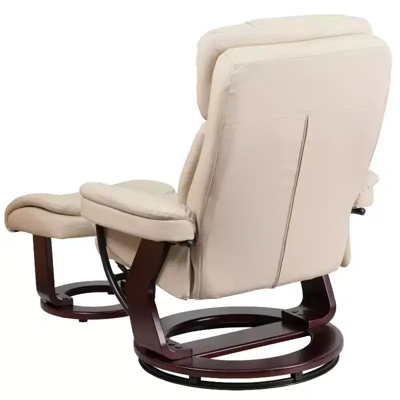 Poltrona reclinabile multiposizione e pouf curvo con base girevole in legno