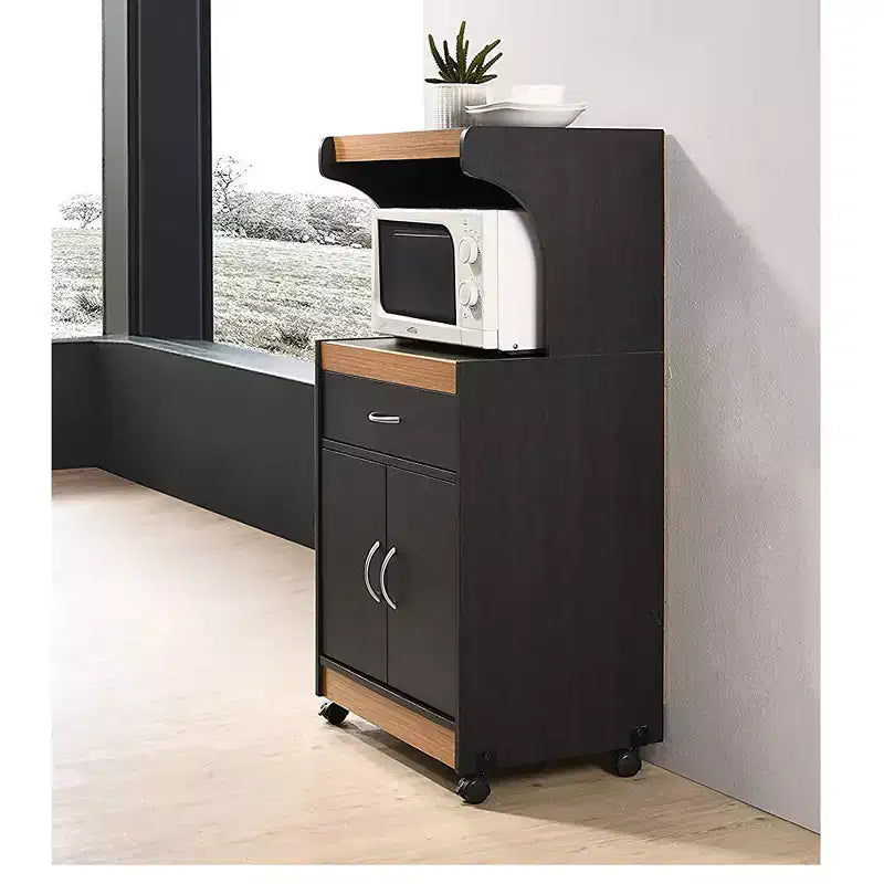 Carrello microonde su ruote con cassetto e armadietto, Nero-Faggio
