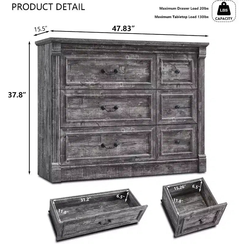 Cassettiera stile rustico a 6 cassetti con dettagli a colonna romana